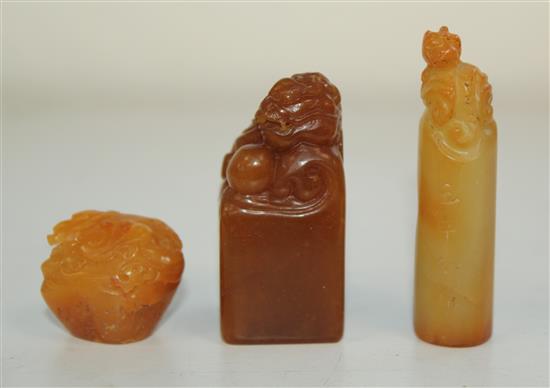 Three Chinese stone seals, 6.3 x 1.8cm (3)